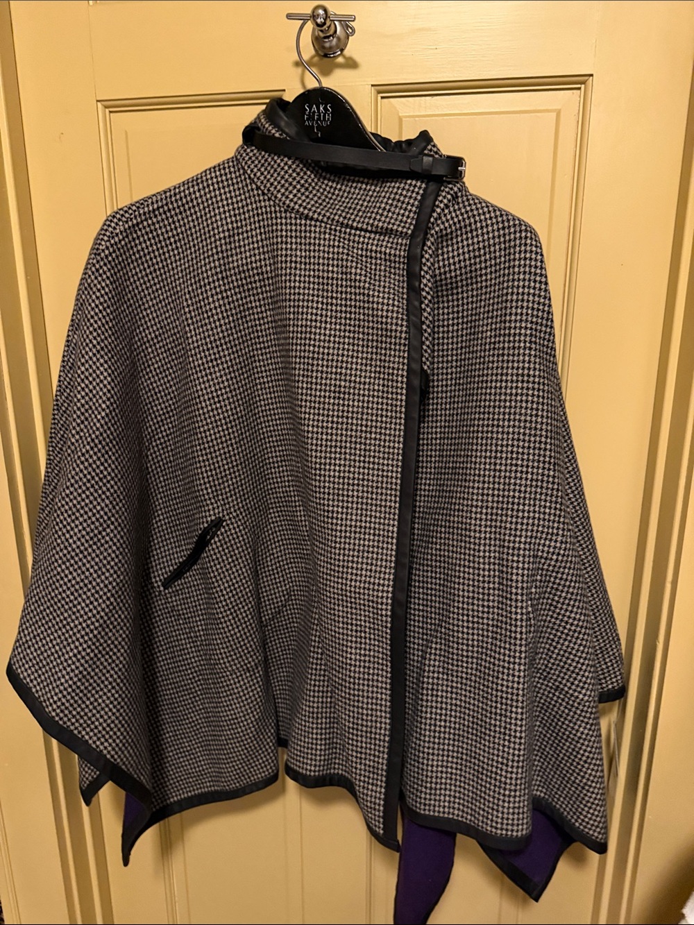 Ralph Lauren Black and White Houndstooth Cape with Black Trim